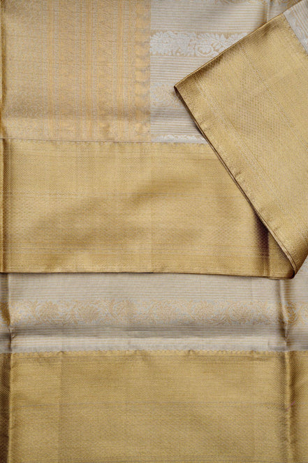 Horizontal Stripe & Floral Vine Pure Tissue Silk Saree