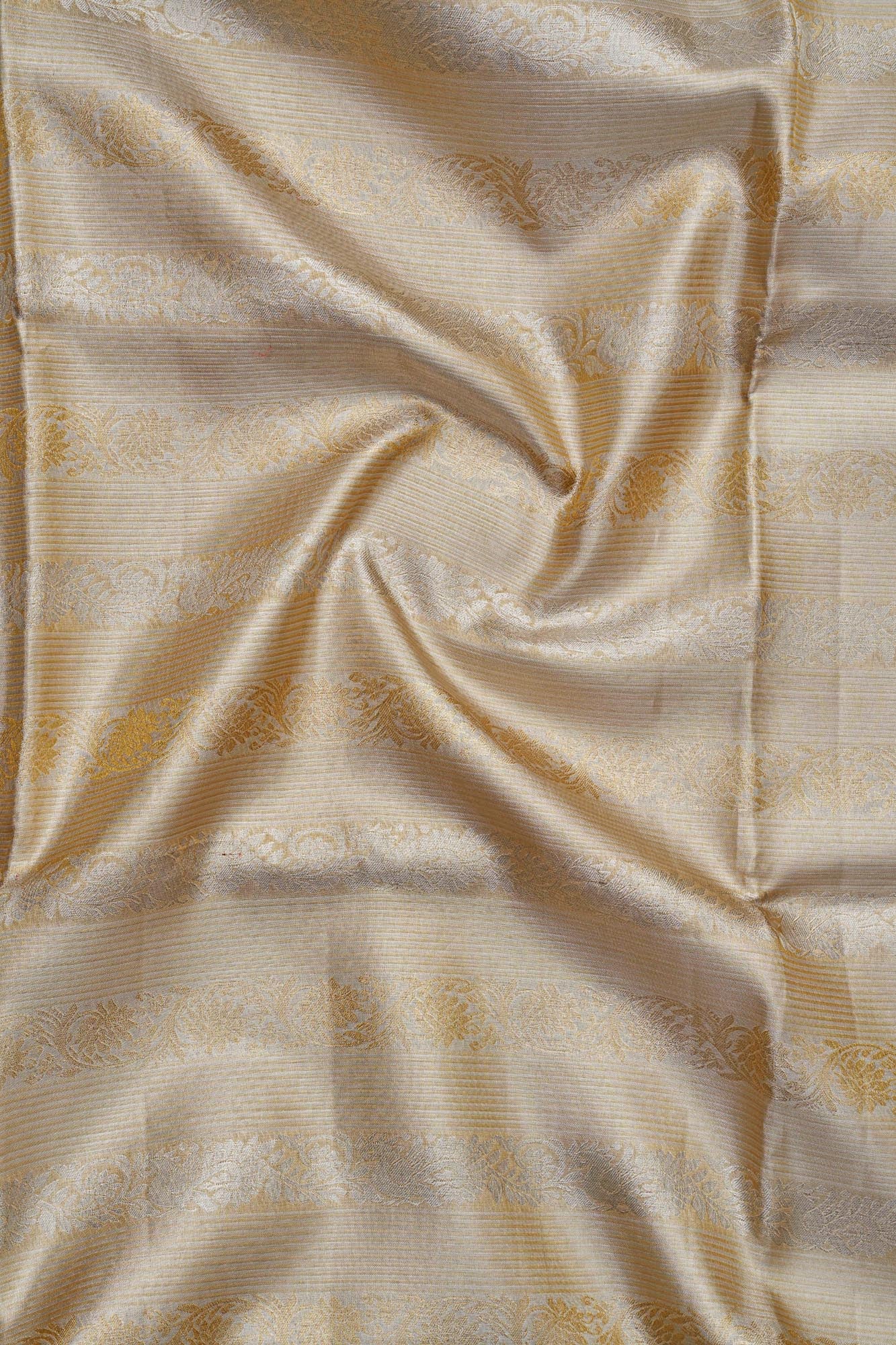 Horizontal Stripe & Floral Vine Pure Tissue Silk Saree