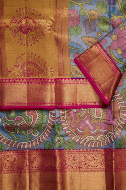 Kalamkari Peacock Design Tissue Silk Saree