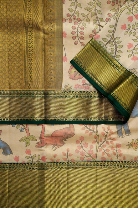 Forest Wildlife & Floral Tree Kalamkari Tissue Silk Saree