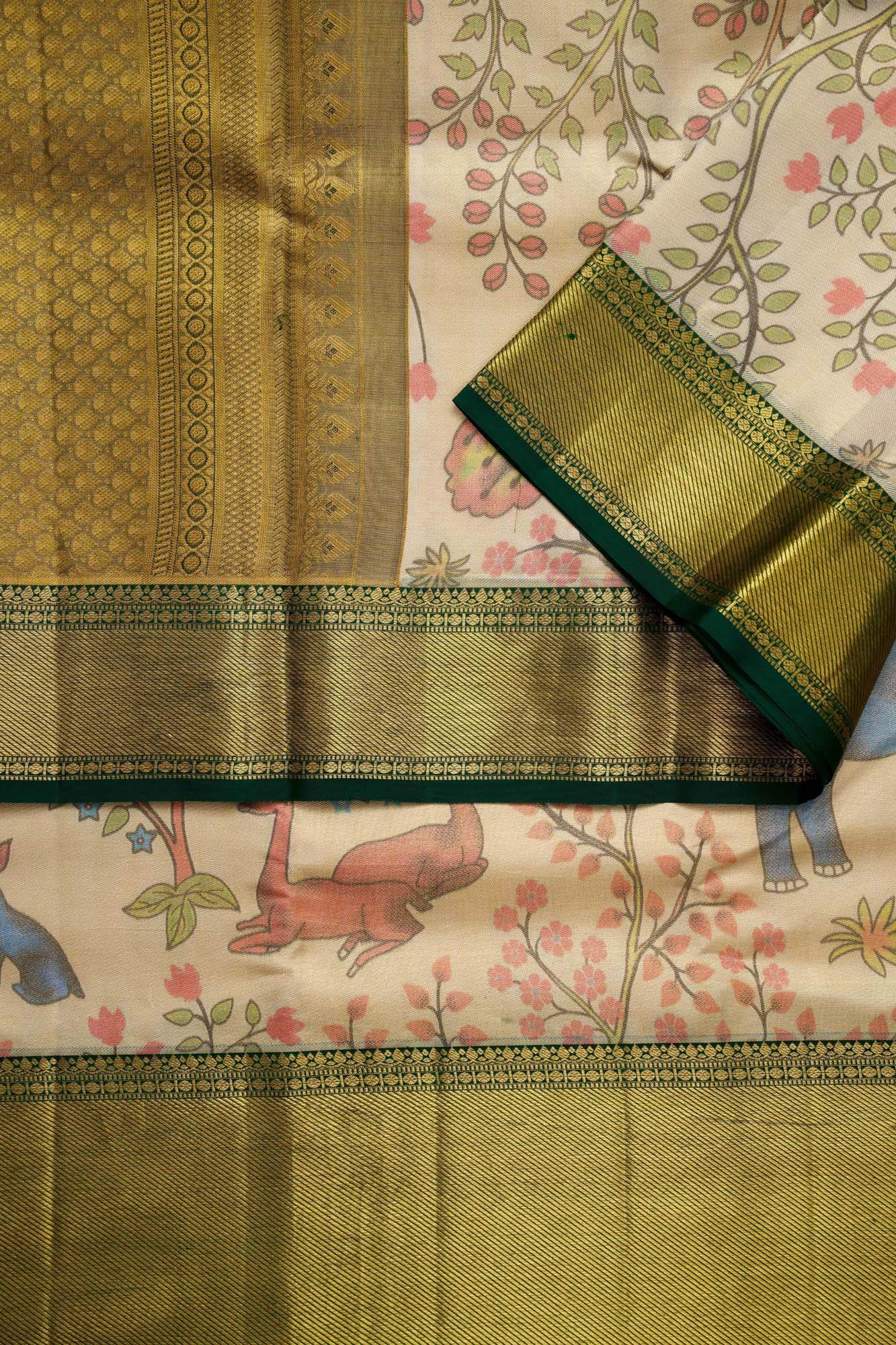 Forest Wildlife & Floral Tree Kalamkari Tissue Silk Saree