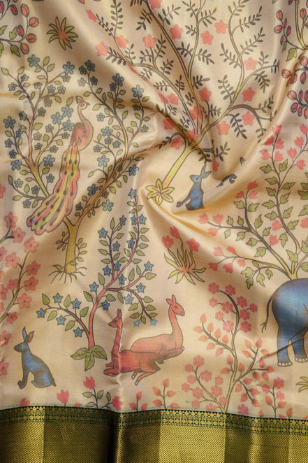 Forest Wildlife & Floral Tree Kalamkari Tissue Silk Saree