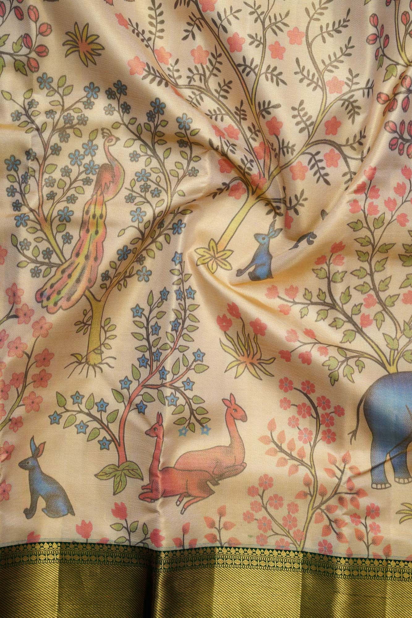 Forest Wildlife & Floral Tree Kalamkari Tissue Silk Saree