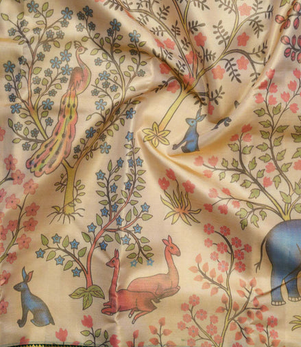 Forest Wildlife & Floral Tree Kalamkari Tissue Silk Saree