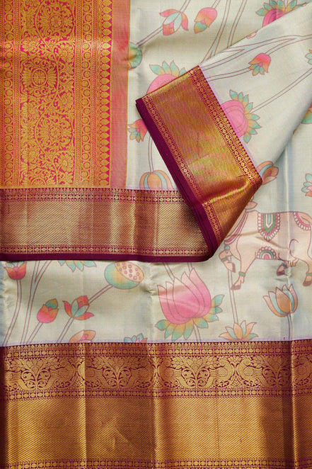 Lotus Pond & Kamadhenu Cow Kalamkari Tissue Silk Saree
