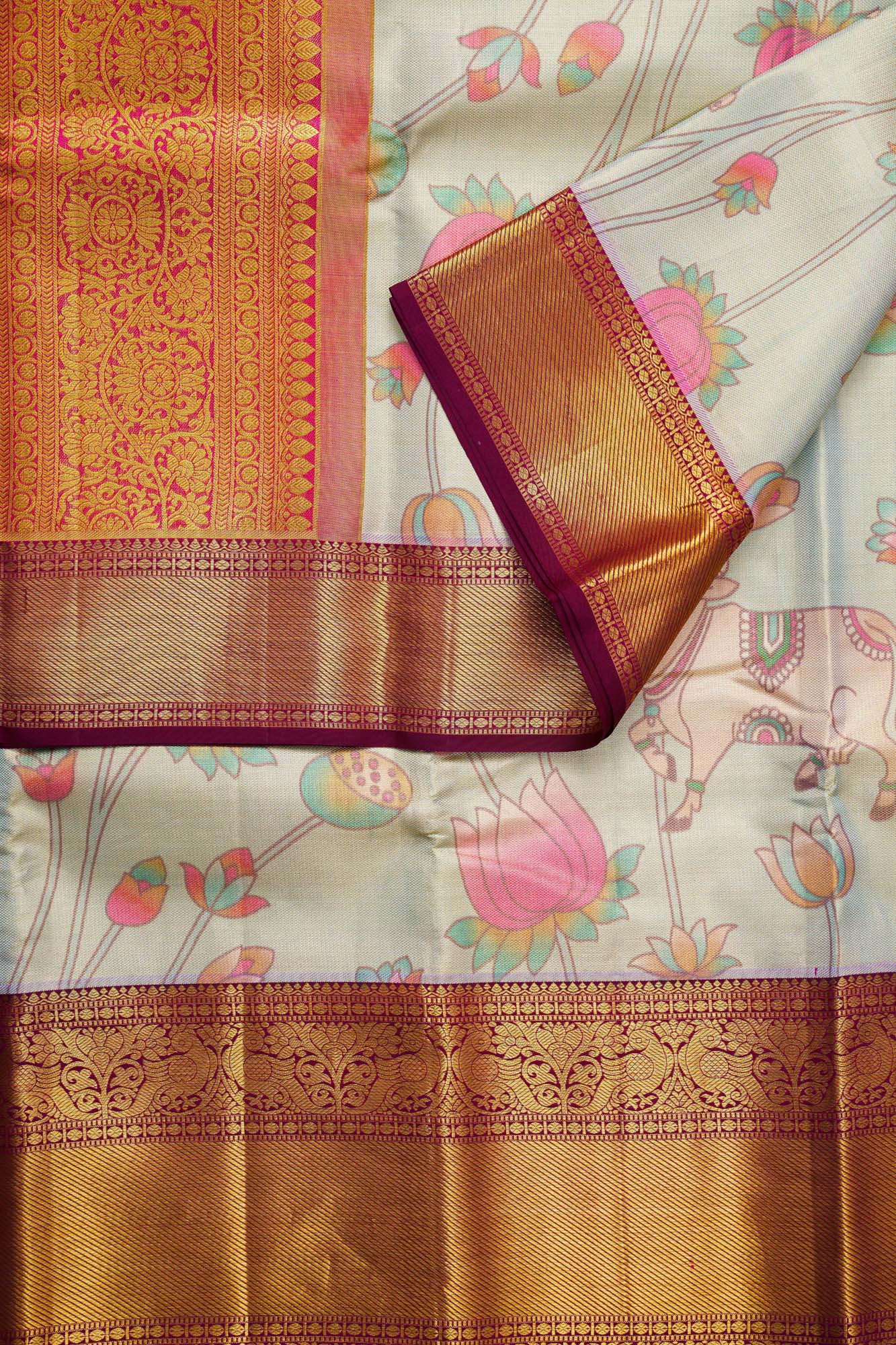 Lotus Pond & Kamadhenu Cow Kalamkari Tissue Silk Saree