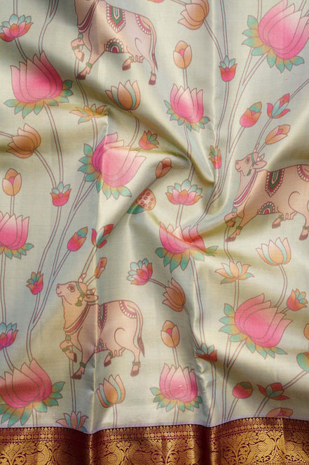 Lotus Pond & Kamadhenu Cow Kalamkari Tissue Silk Saree