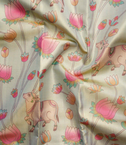 Lotus Pond & Kamadhenu Cow Kalamkari Tissue Silk Saree