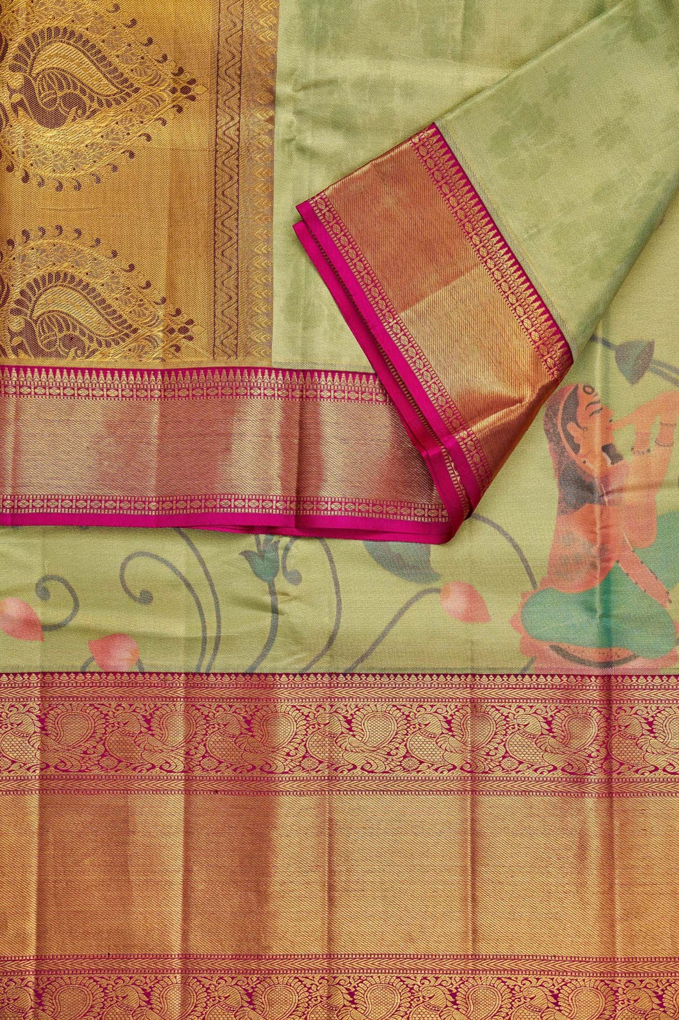 Traditional Figure & Lotus Bud Pen-Kalamkari Tissue Silk Saree