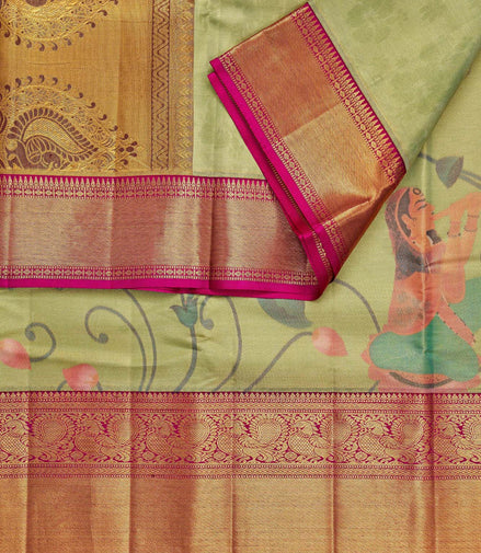 Traditional Figure & Lotus Bud Pen-Kalamkari Tissue Silk Saree