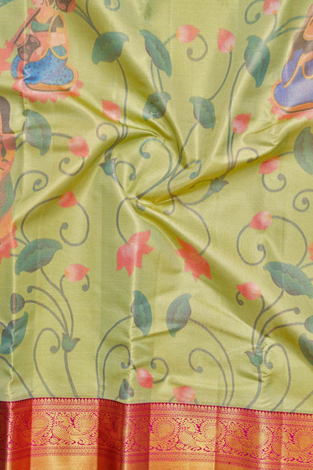 Traditional Figure & Lotus Bud Pen-Kalamkari Tissue Silk Saree