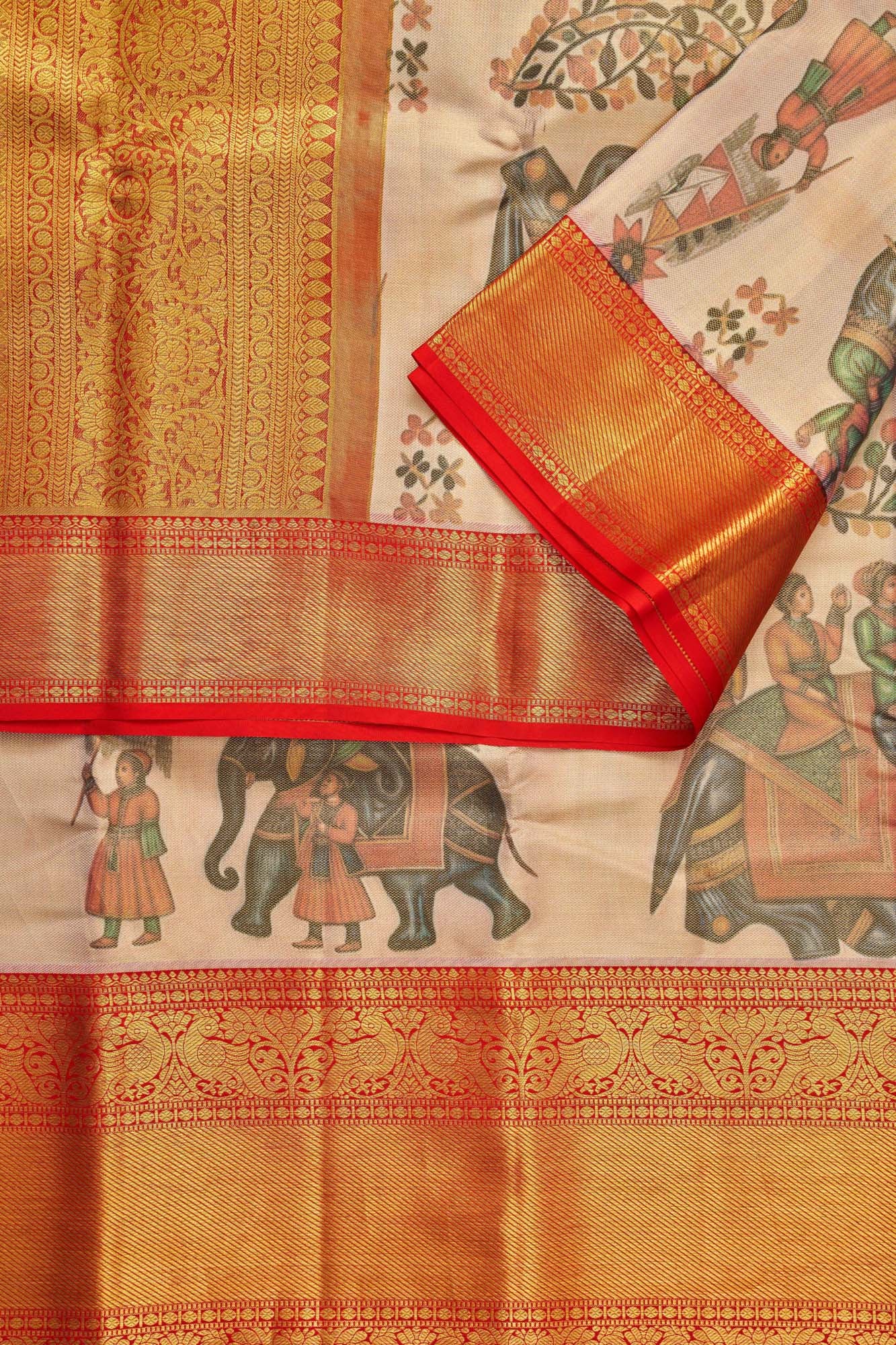 Royal Elephant Procession Kalamkari Pure Tissue Silk Saree