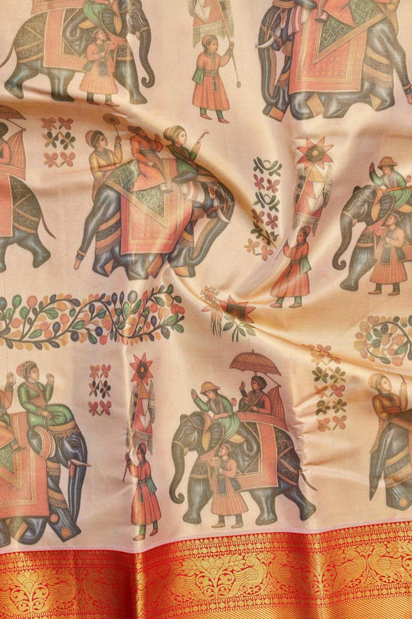 Royal Elephant Procession Kalamkari Pure Tissue Silk Saree