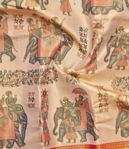Royal Elephant Procession Kalamkari Pure Tissue Silk Saree