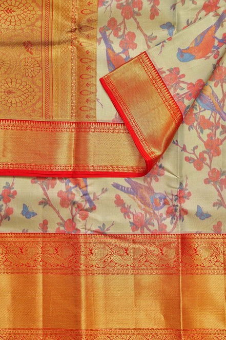 Floral Branch & Perching Bird Kalamkari Tissue Silk Saree