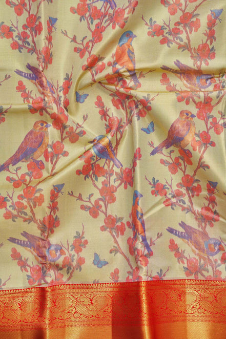 Floral Branch & Perching Bird Kalamkari Tissue Silk Saree