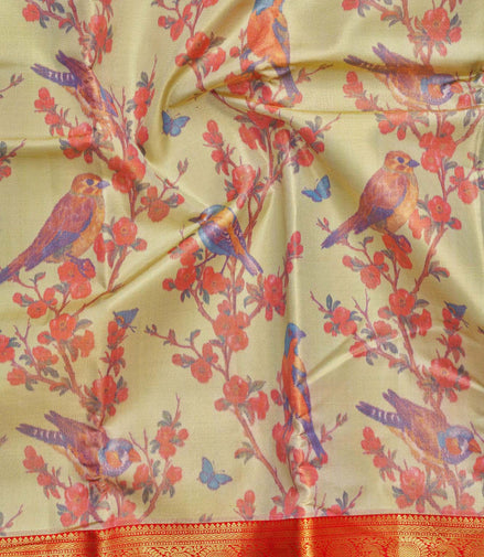 Floral Branch & Perching Bird Kalamkari Tissue Silk Saree
