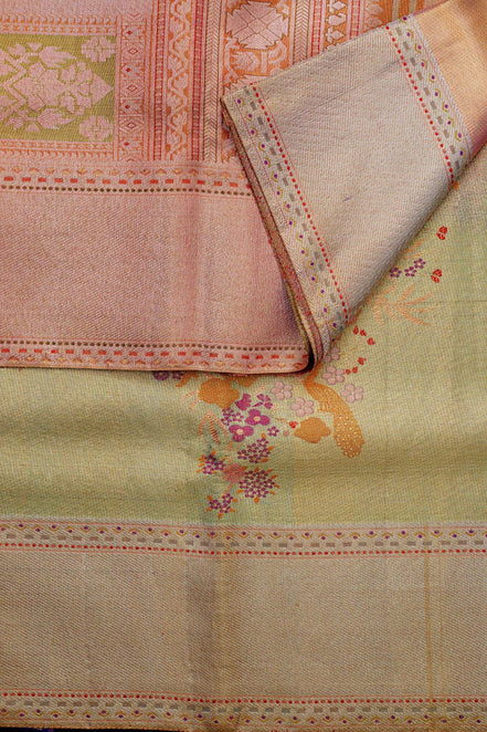 Fancy Hibiscus & Peacock Floral Pure Tissue Silk Saree (Pure silver Zari with revalue)
