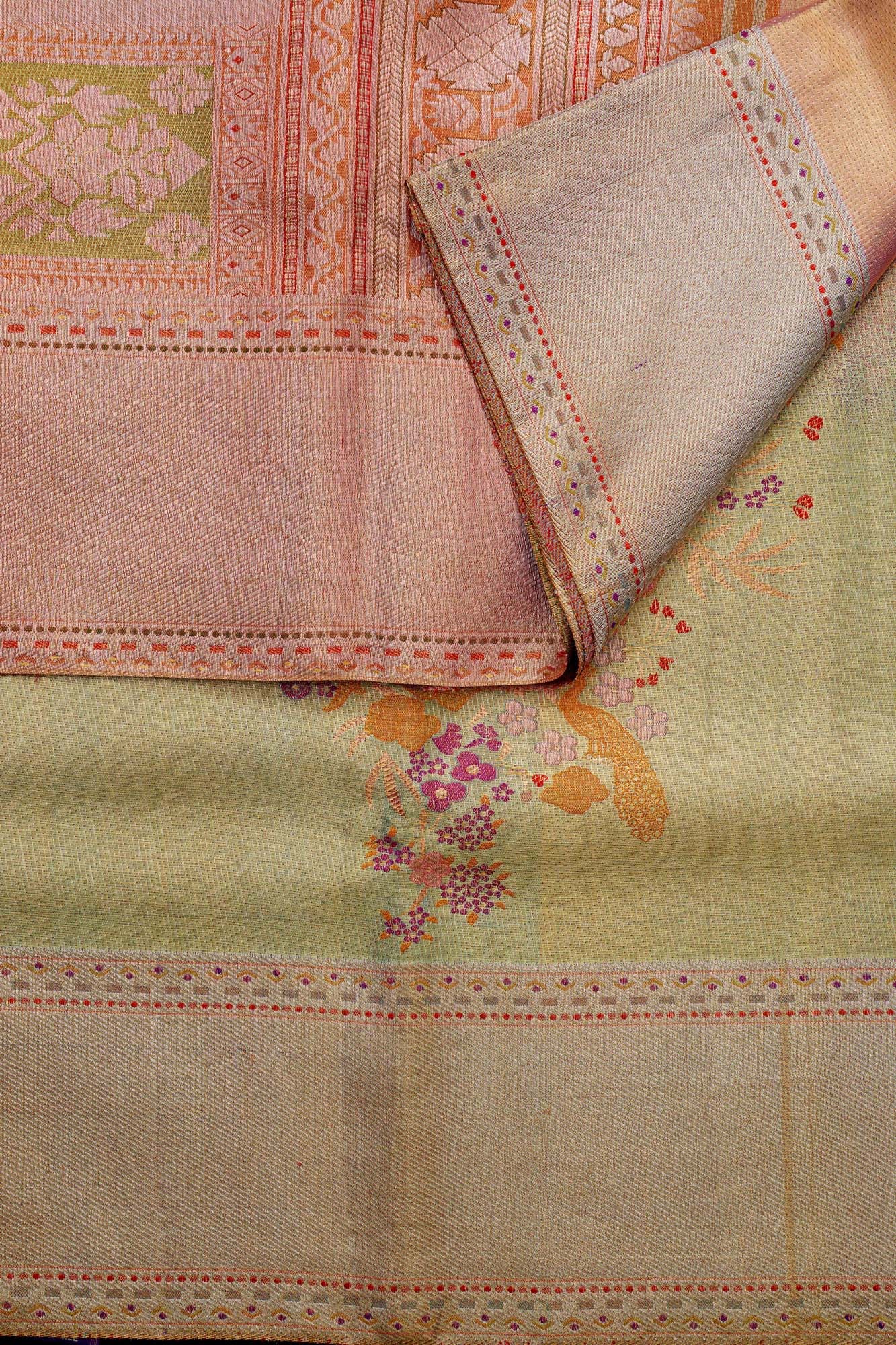 Fancy Hibiscus & Peacock Floral Pure Tissue Silk Saree (Pure silver Zari with revalue)