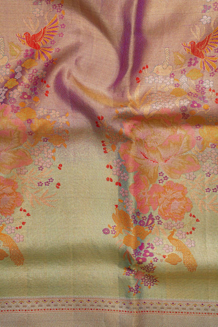 Fancy Hibiscus & Peacock Floral Pure Tissue Silk Saree (Pure silver Zari with revalue)