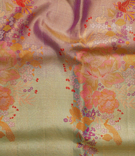 Fancy Hibiscus & Peacock Floral Pure Tissue Silk Saree (Pure silver Zari with revalue)