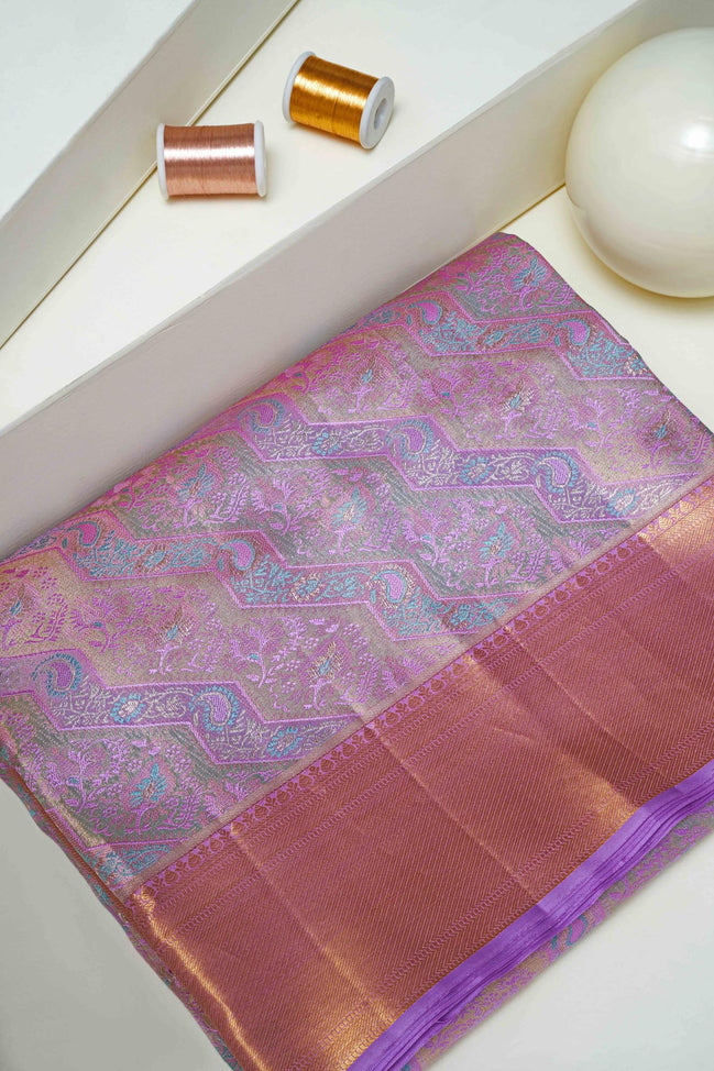 Zigzag & Paisley Floral Motif Tissue Silk Saree