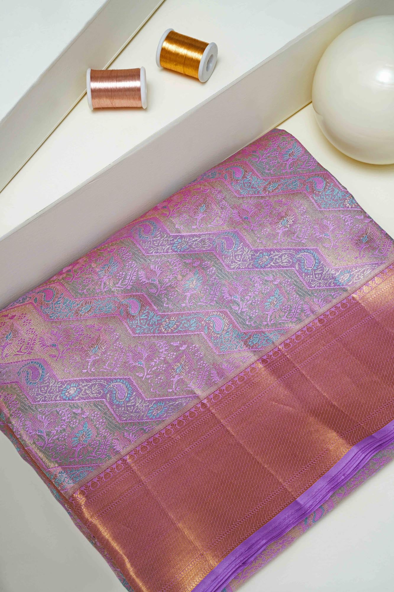 Zigzag & Paisley Floral Motif Tissue Silk Saree