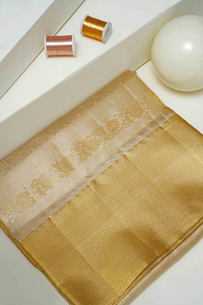 Horizontal Stripe & Floral Vine Pure Tissue Silk Saree