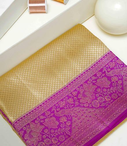 Micro-Geometric Diamond Grid & Peacock Floral Tissue Silk Saree