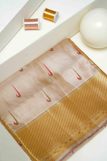 Paithani Style Paisley Motifs Gold & Silver Tissue Silk Saree