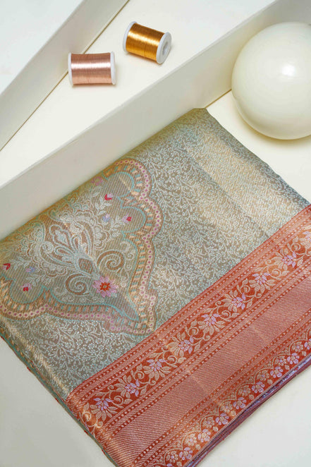 Traditional Paisley Medallion & Floral Jaal Pure Silver Zari Tissue Silk Saree (Pure Silver Zari with revalue)