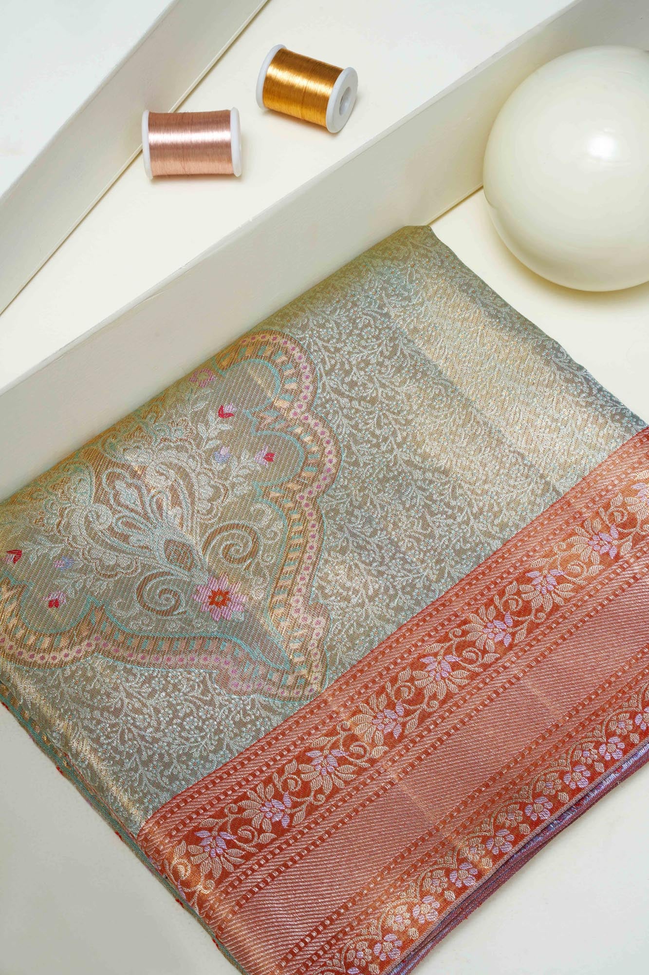 Traditional Paisley Medallion & Floral Jaal Pure Silver Zari Tissue Silk Saree (Pure Silver Zari with revalue)