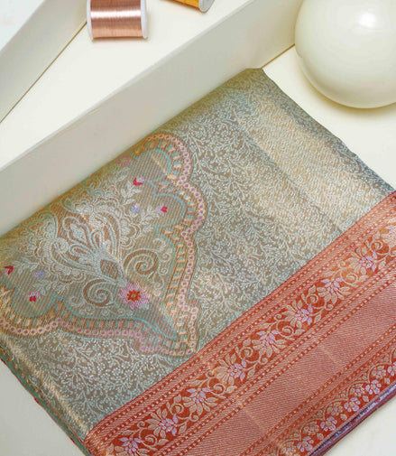 Traditional Paisley Medallion & Floral Jaal Pure Silver Zari Tissue Silk Saree (Pure Silver Zari with revalue)