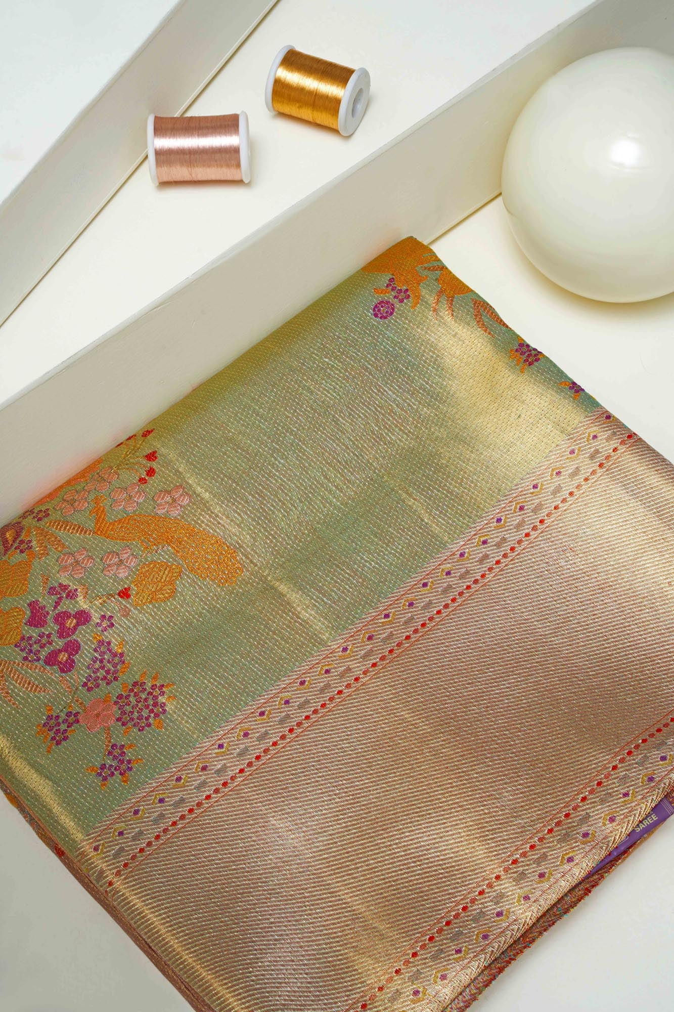 Fancy Hibiscus & Peacock Floral Pure Tissue Silk Saree (Pure silver Zari with revalue)