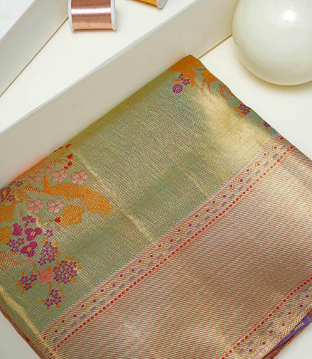 Fancy Hibiscus & Peacock Floral Pure Tissue Silk Saree (Pure silver Zari with revalue)