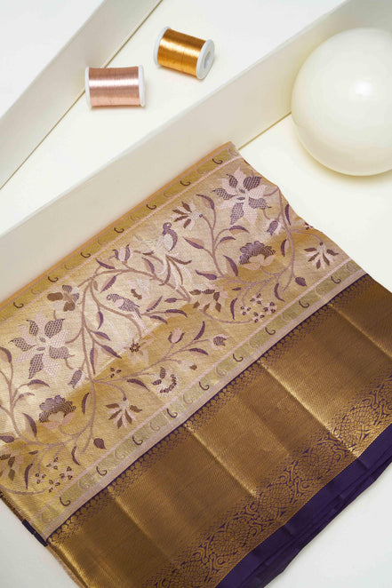 Perching Bird & Floral Skirt Border Pure Tissue Silk Saree