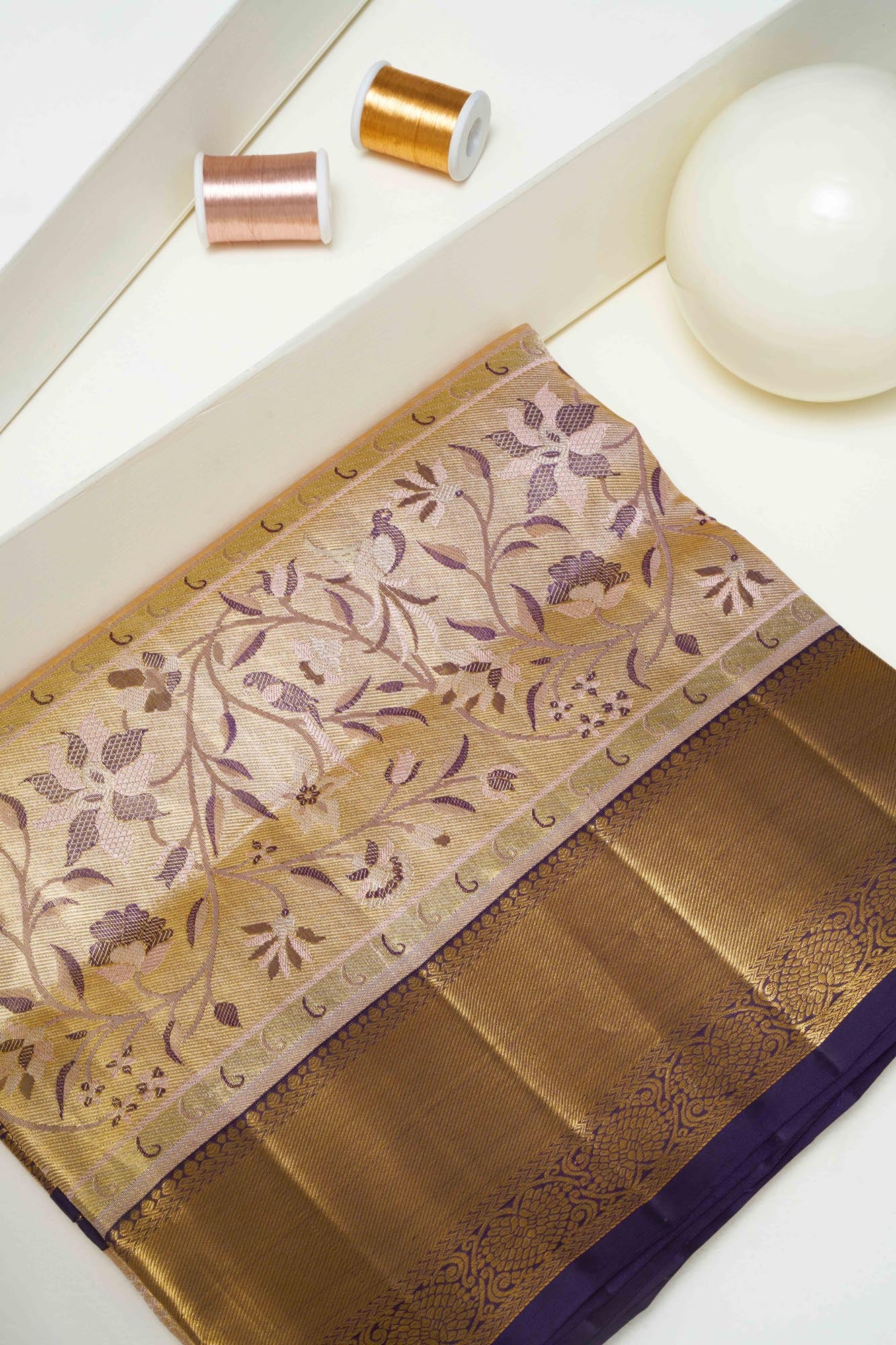 Perching Bird & Floral Skirt Border Pure Tissue Silk Saree