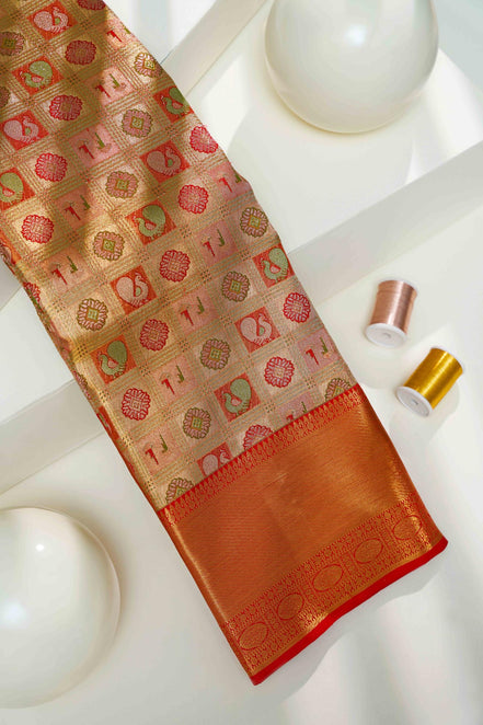 Geometric Grid & Meenakari Peacock Pure Tissue Silk Saree