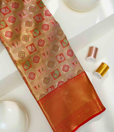 Geometric Grid & Meenakari Peacock Pure Tissue Silk Saree