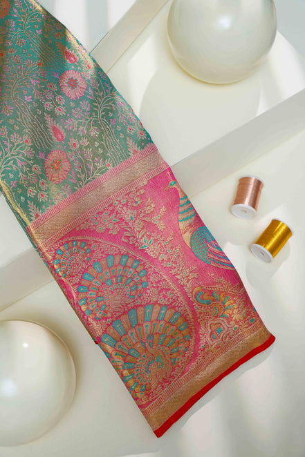Floral Jaal & Meenakari Peacock Skirt Border Pure Tissue Silk Saree