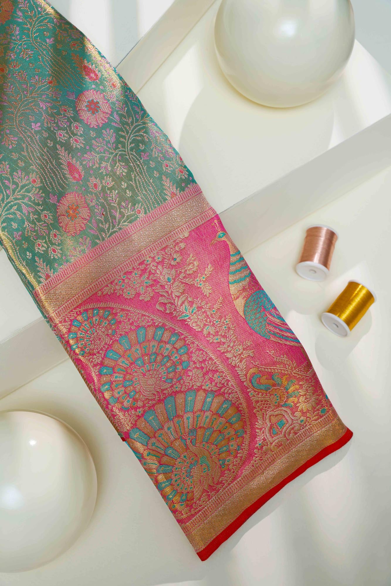 Floral Jaal & Meenakari Peacock Skirt Border Pure Tissue Silk Saree