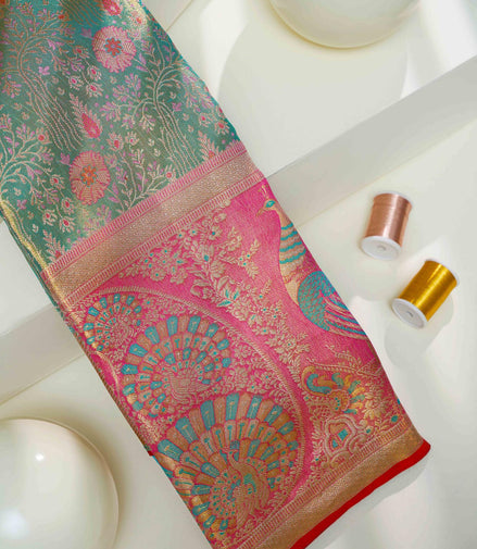 Floral Jaal & Meenakari Peacock Skirt Border Pure Tissue Silk Saree