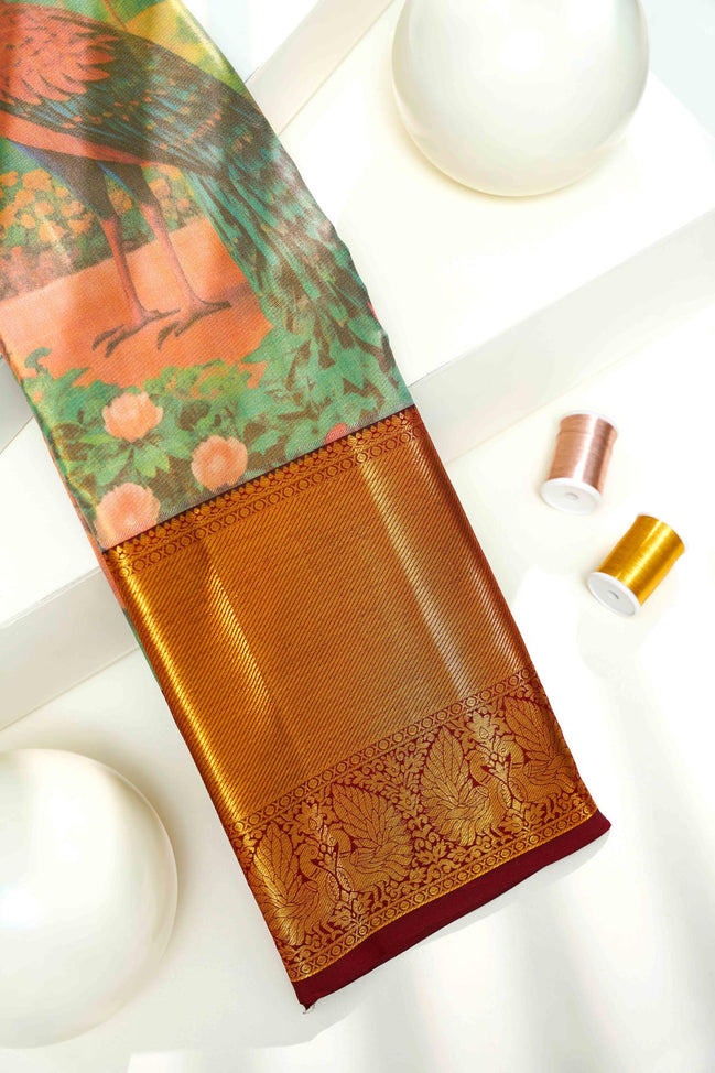 Peacock in Lotus Garden Kalamkari Pure Tissue Silk Saree
