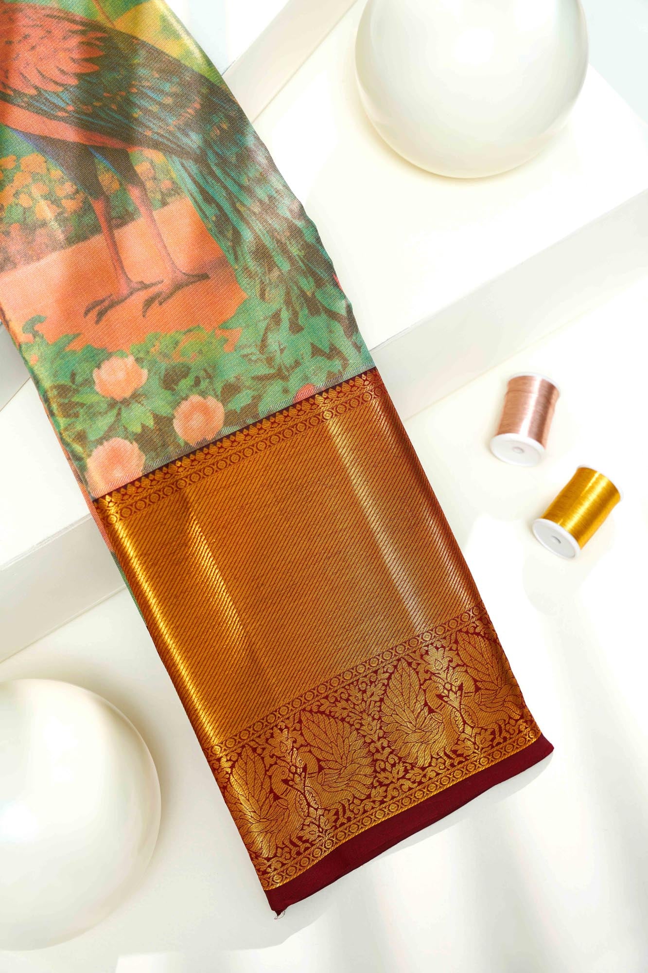 Peacock in Lotus Garden Kalamkari Pure Tissue Silk Saree