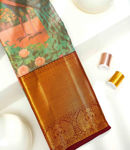 Peacock in Lotus Garden Kalamkari Pure Tissue Silk Saree