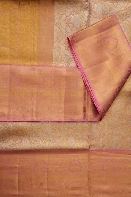 Paisley-Chakra Jaal & Floral Leaf Medallion Border Pure Tissue Silk Saree with Silver Touch