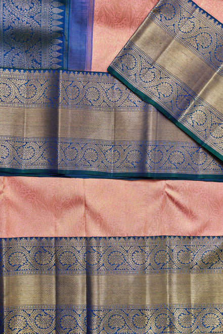 Paisley-Vine Jaal & Contrast Royal Blue Border Pure Silk Saree with Silver Touch (Revalue)