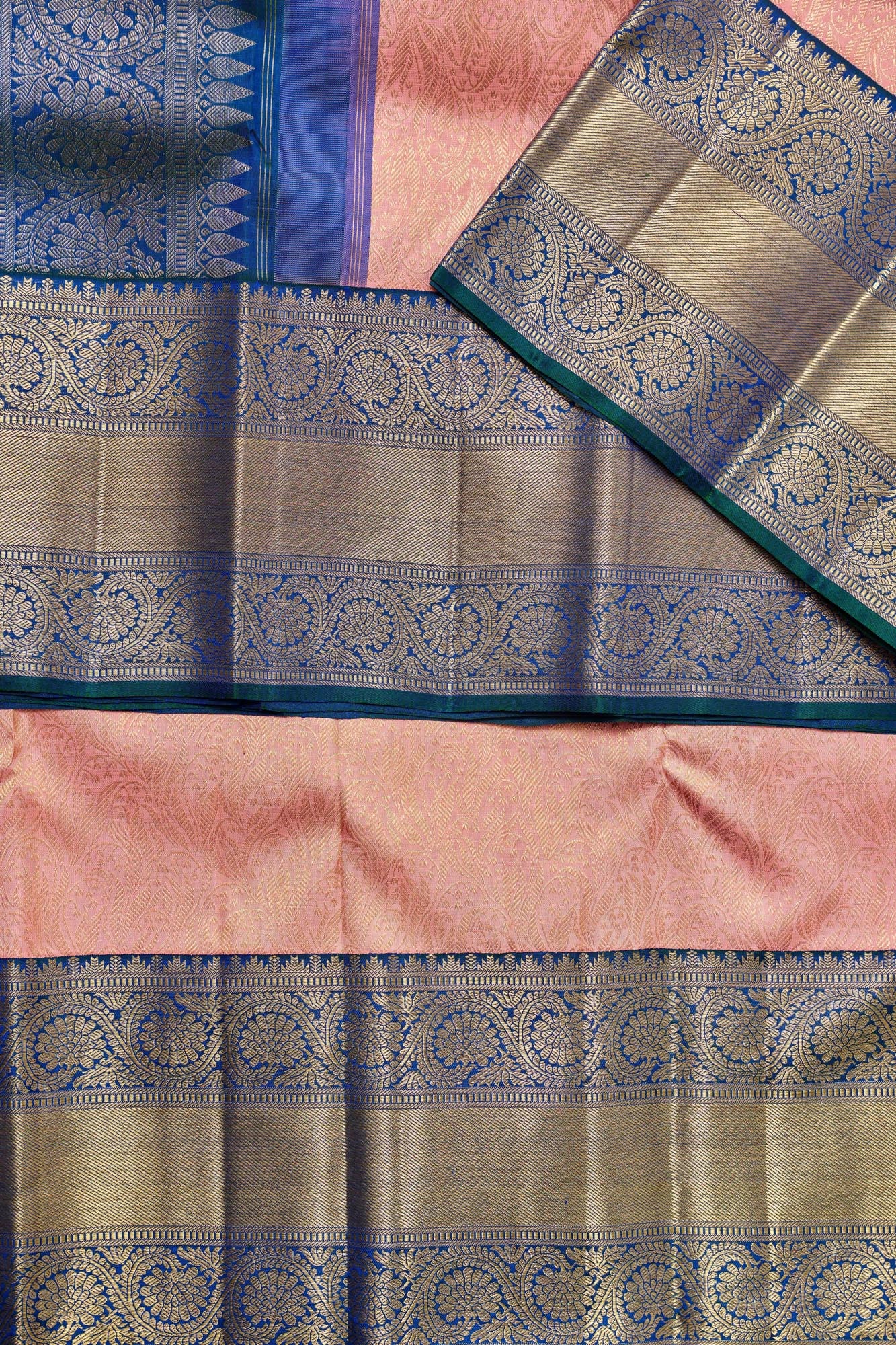 Paisley-Vine Jaal & Contrast Royal Blue Border Pure Silk Saree with Silver Touch (Revalue)