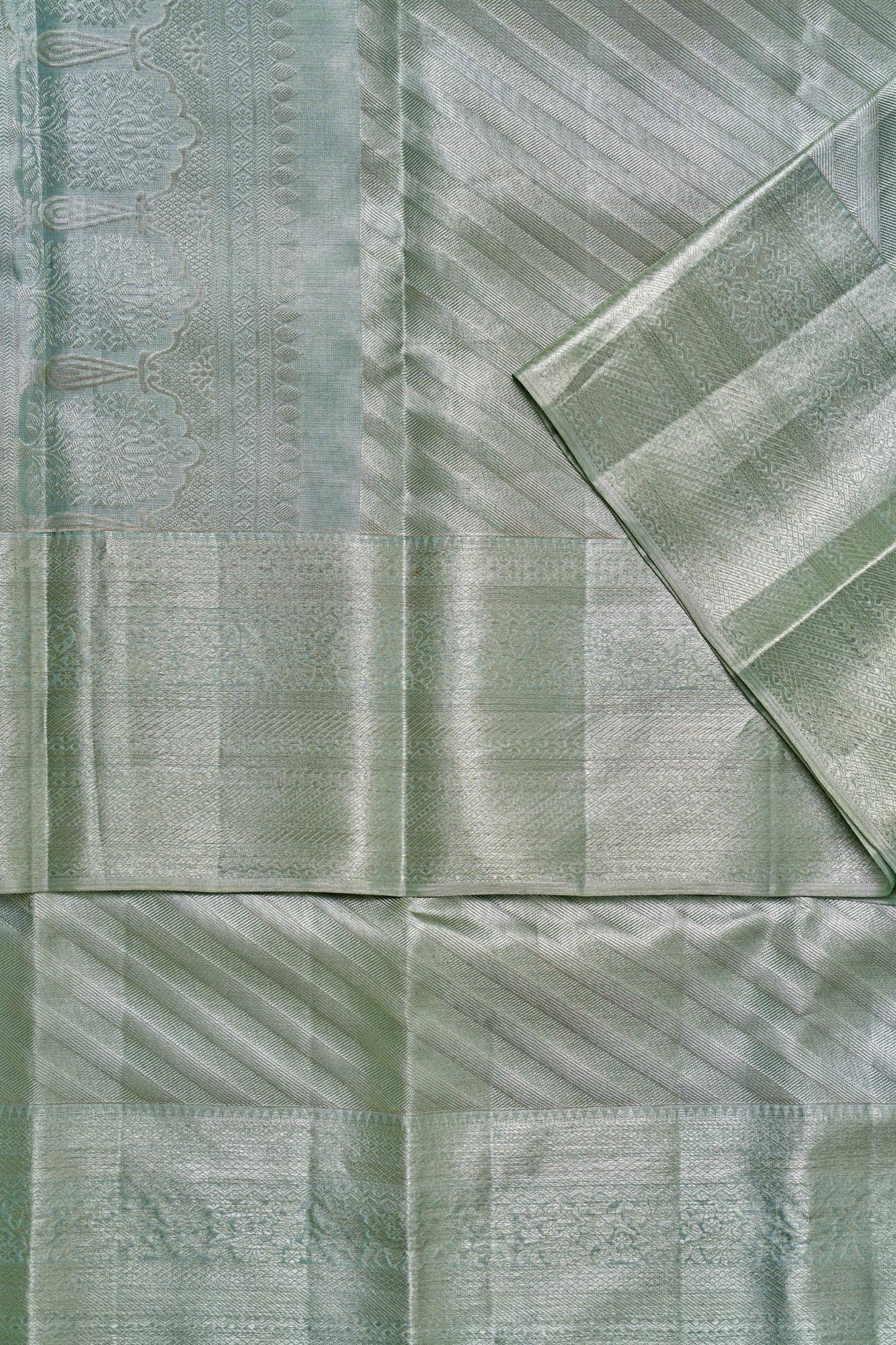 Diagonal Stripe Shimmer Mint-Green Pure Tissue Silk Saree
