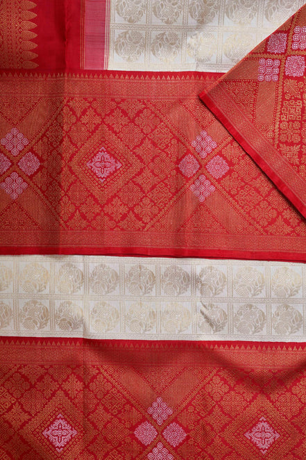 Ornate Grid Medallion & Contrast Temple Border Pure Silk Saree with Silver Touch  (Revalue)